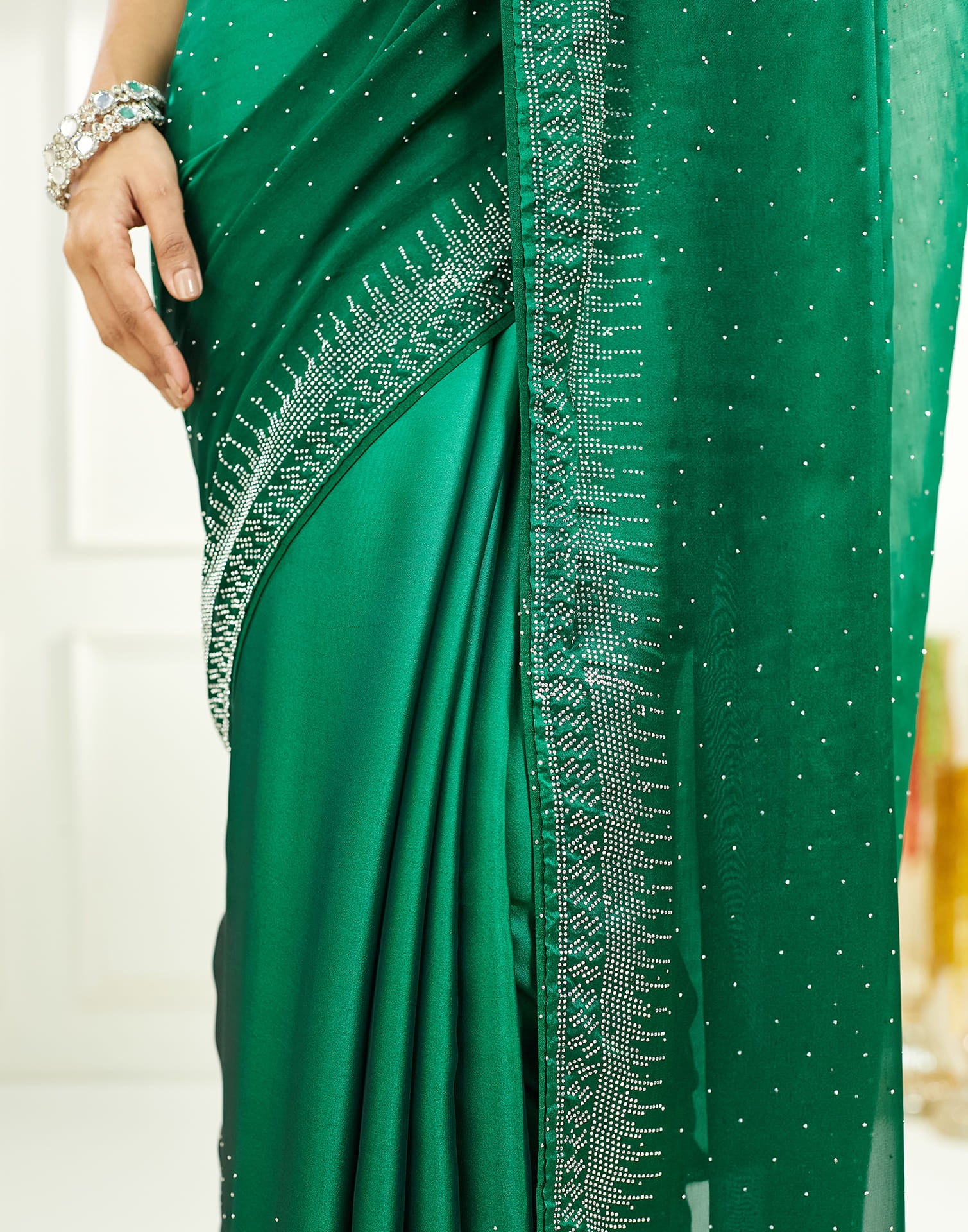 Dark Green Satin Stone Work Swarovski Saree