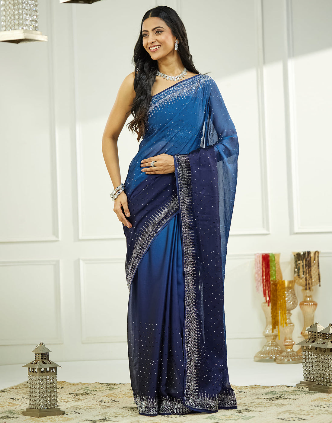 Blue Satin Swarovski Embellished Saree