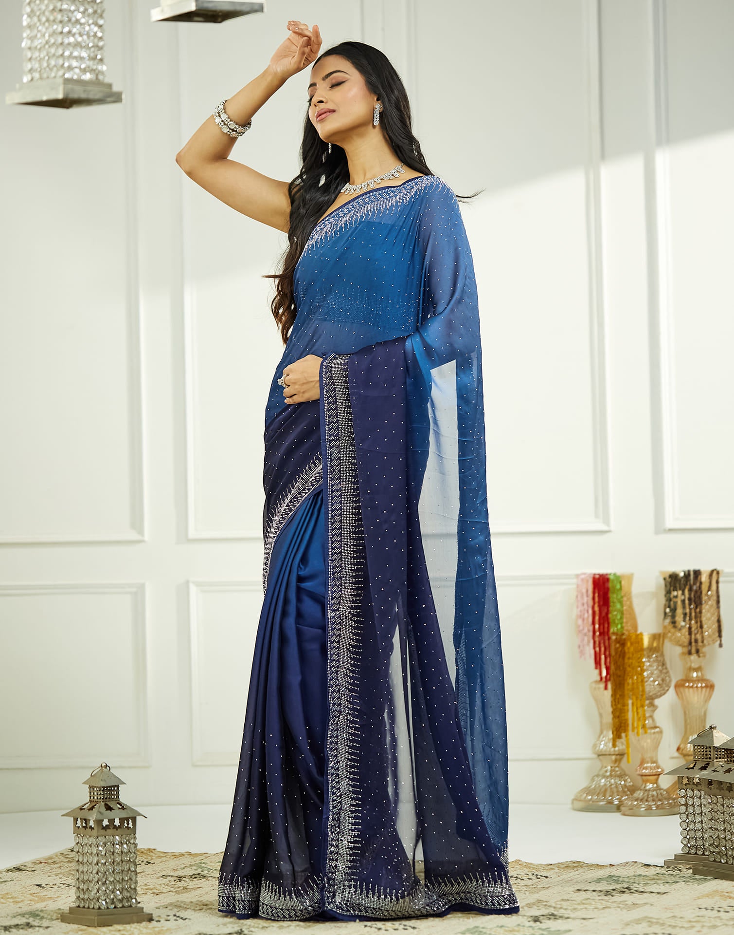 Navy Blue Satin Stone Work Swarovski Saree