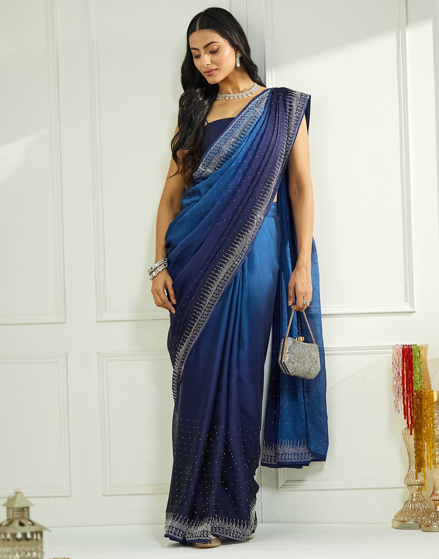 Navy Blue Satin Stone Work Swarovski Saree