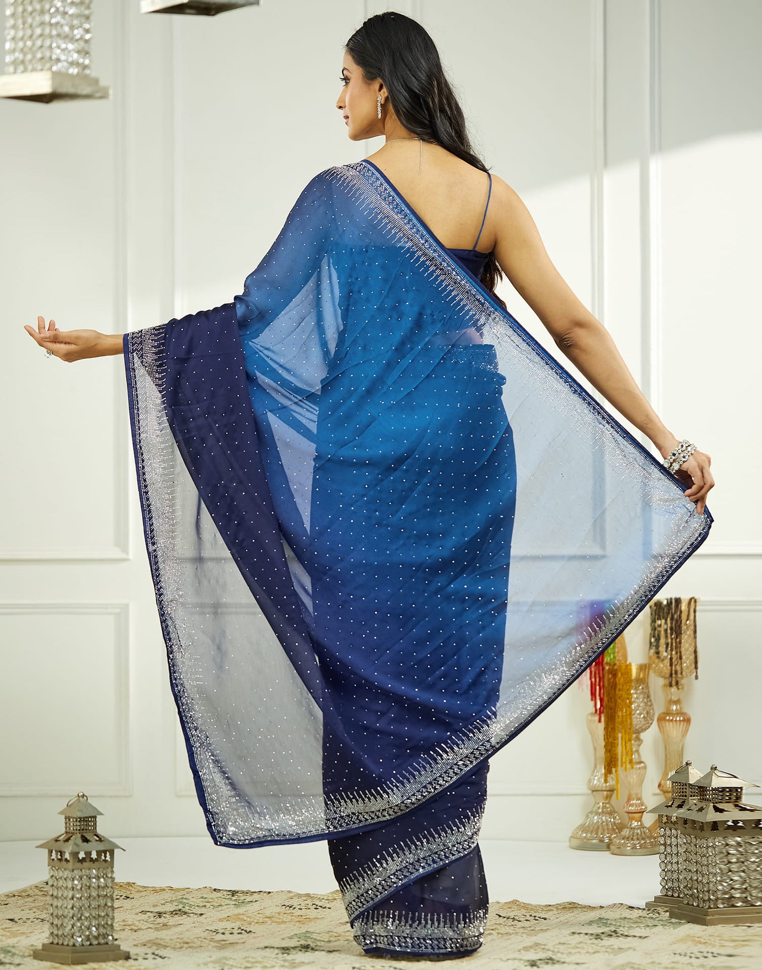 Navy Blue Satin Stone Work Swarovski Saree