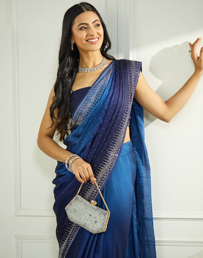 Navy Blue Satin Stone Work Swarovski Saree