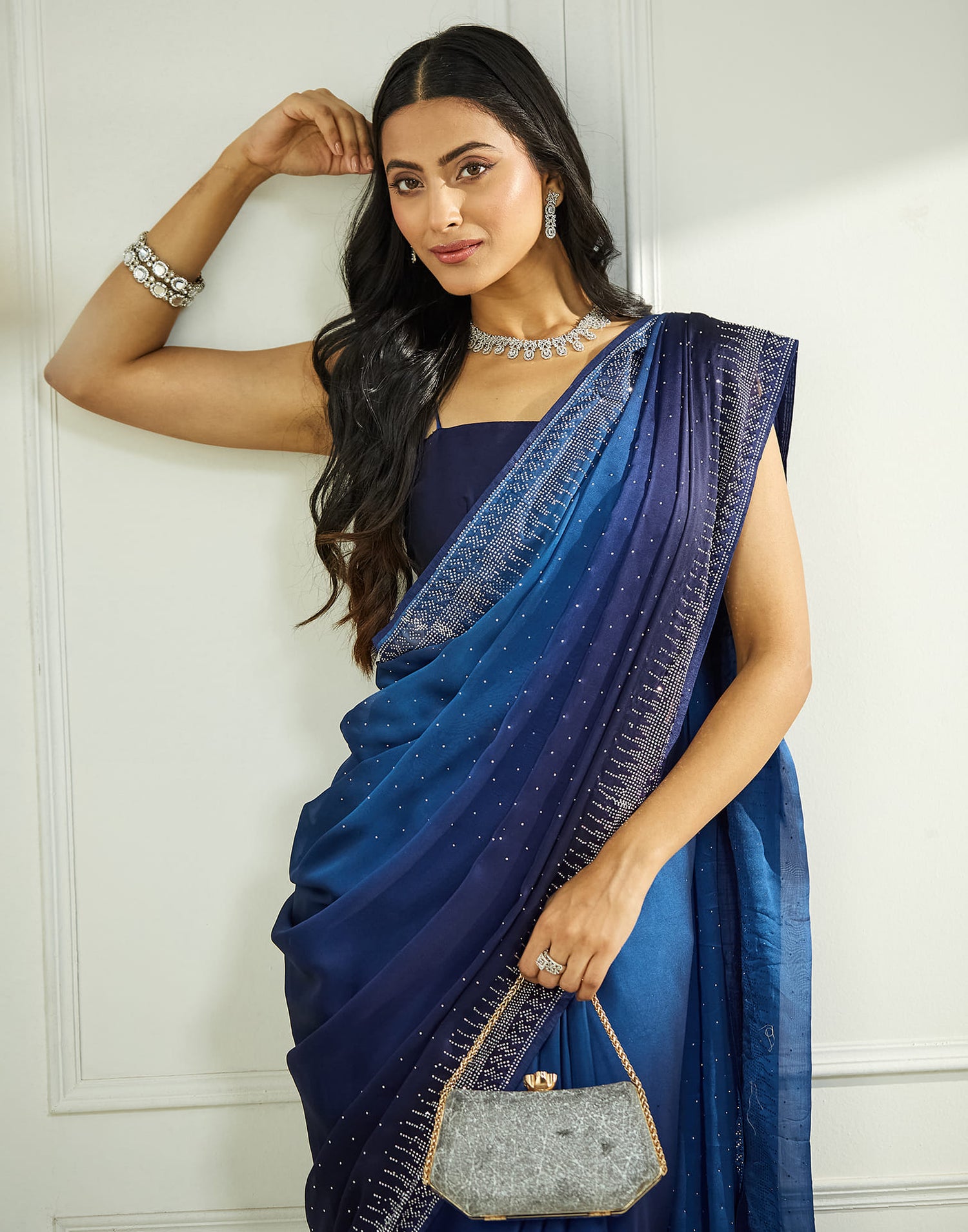 Blue Satin Swarovski Embellished Saree