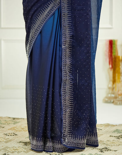 Navy Blue Satin Stone Work Swarovski Saree