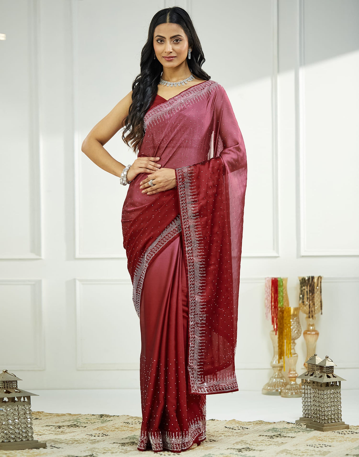 Maroon Satin Swarovski Embellished Saree