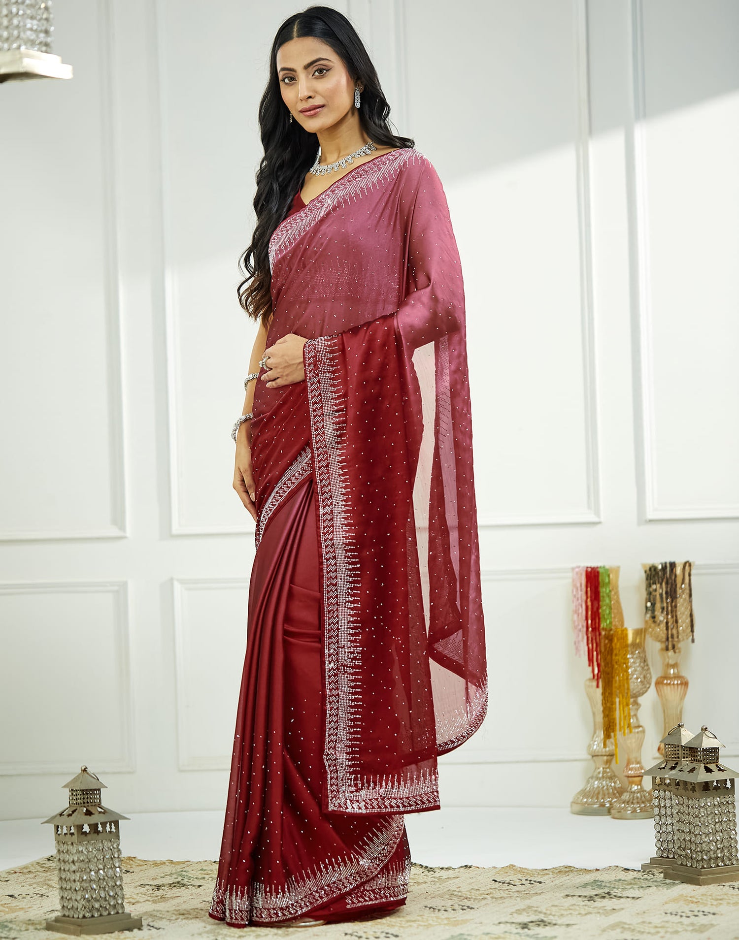 Maroon Satin Swarovski Embellished Saree