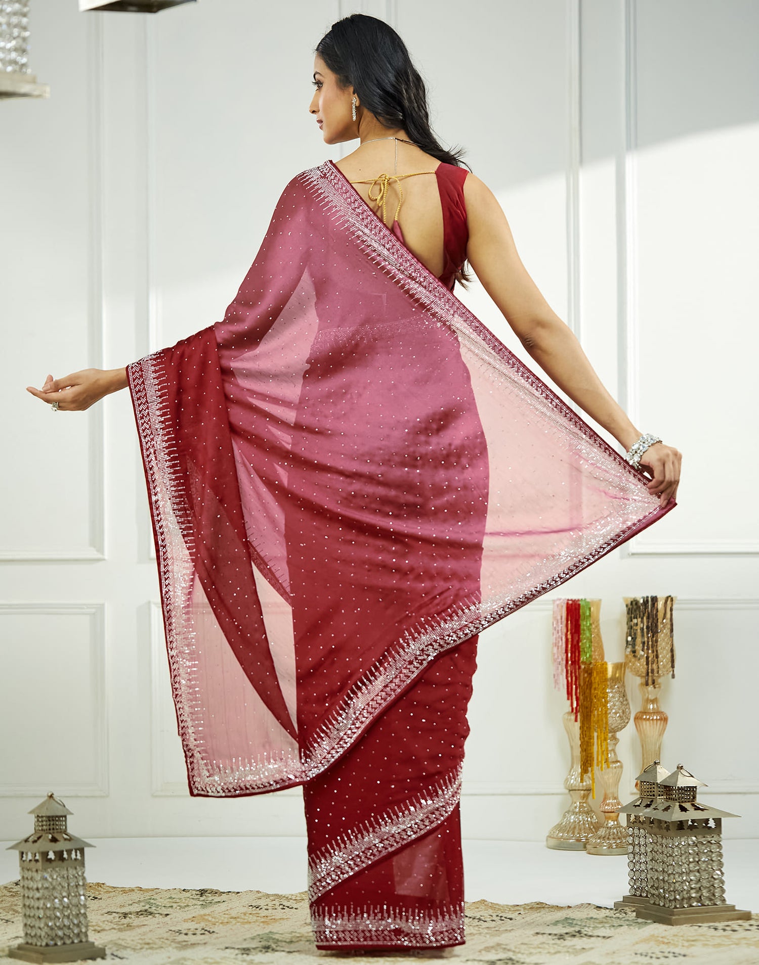 Maroon Satin Swarovski Embellished Saree