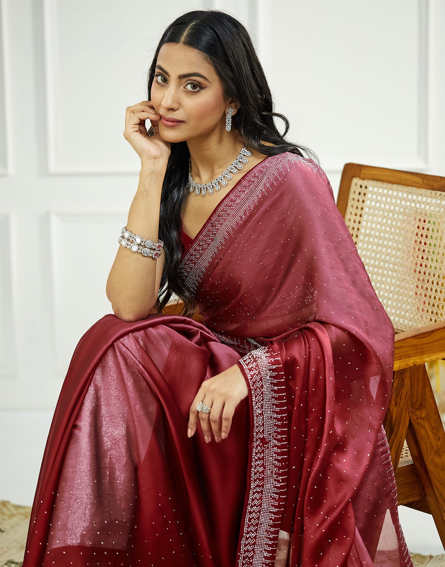 Maroon Satin Stone Work Swarovski Saree