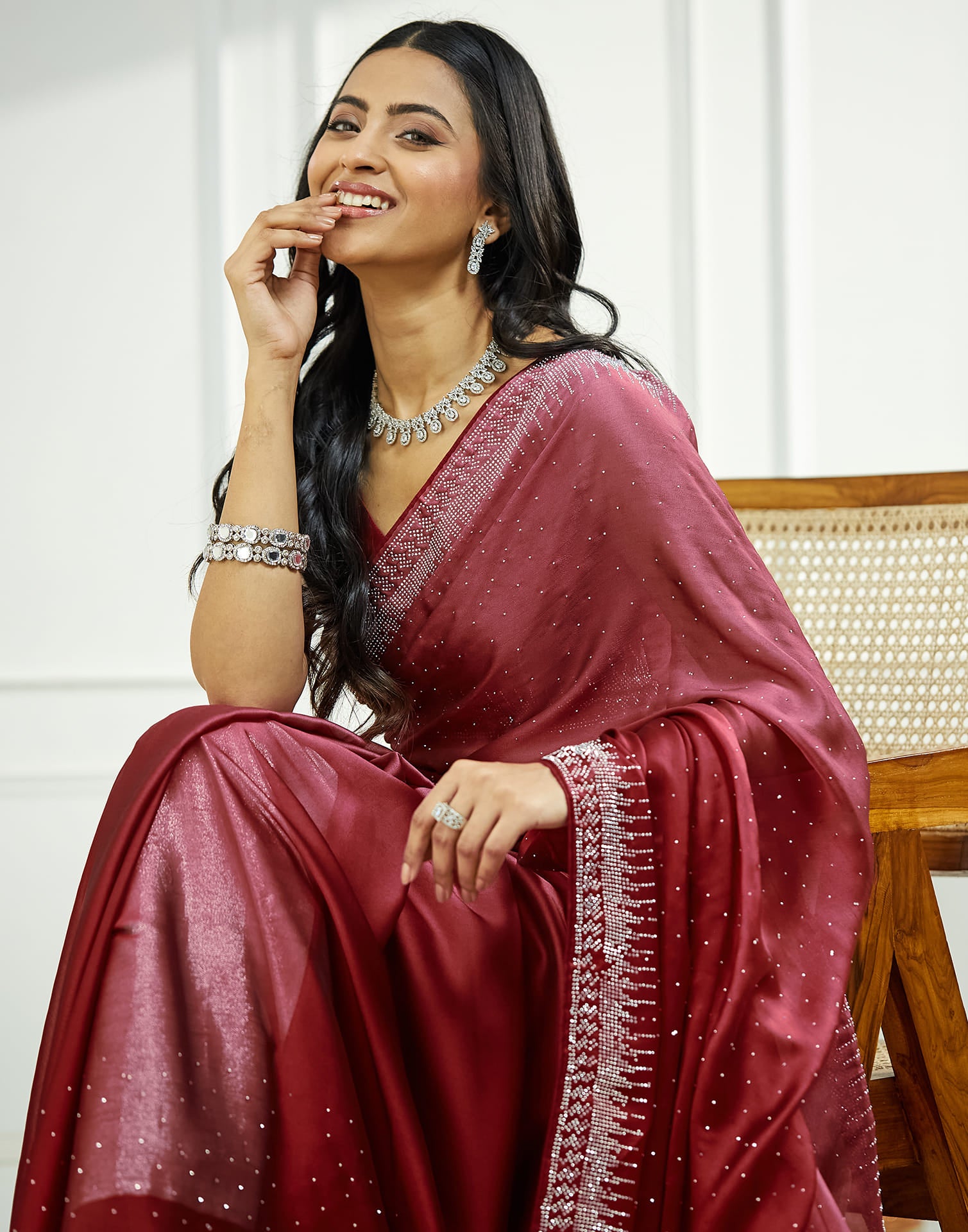 Maroon Satin Stone Work Swarovski Saree