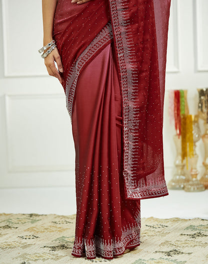 Maroon Satin Stone Work Swarovski Saree