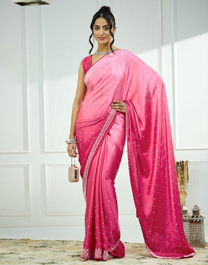 Dark Pink Satin Stone Work Swarovski Saree