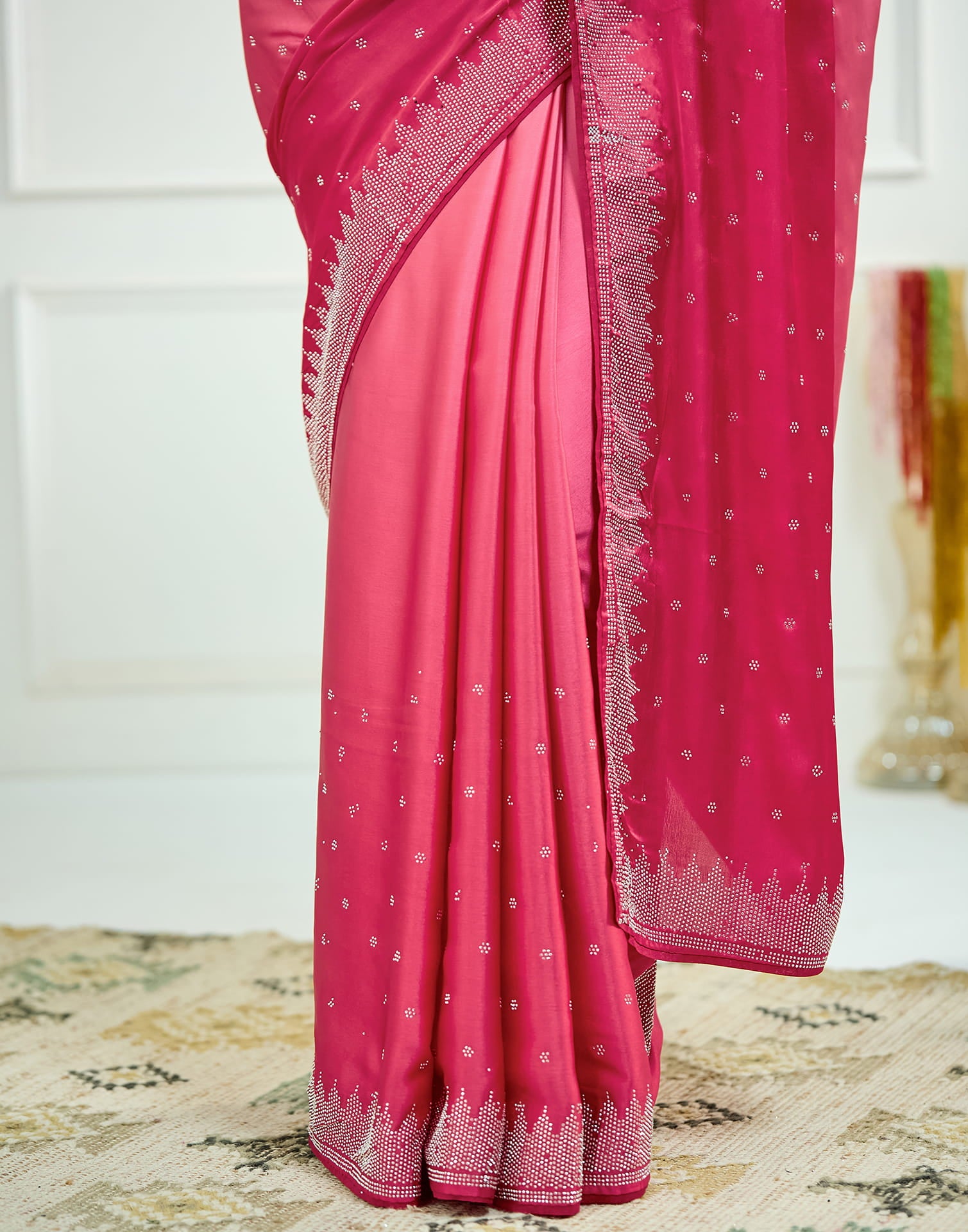 Dark Pink Satin Stone Work Swarovski Saree