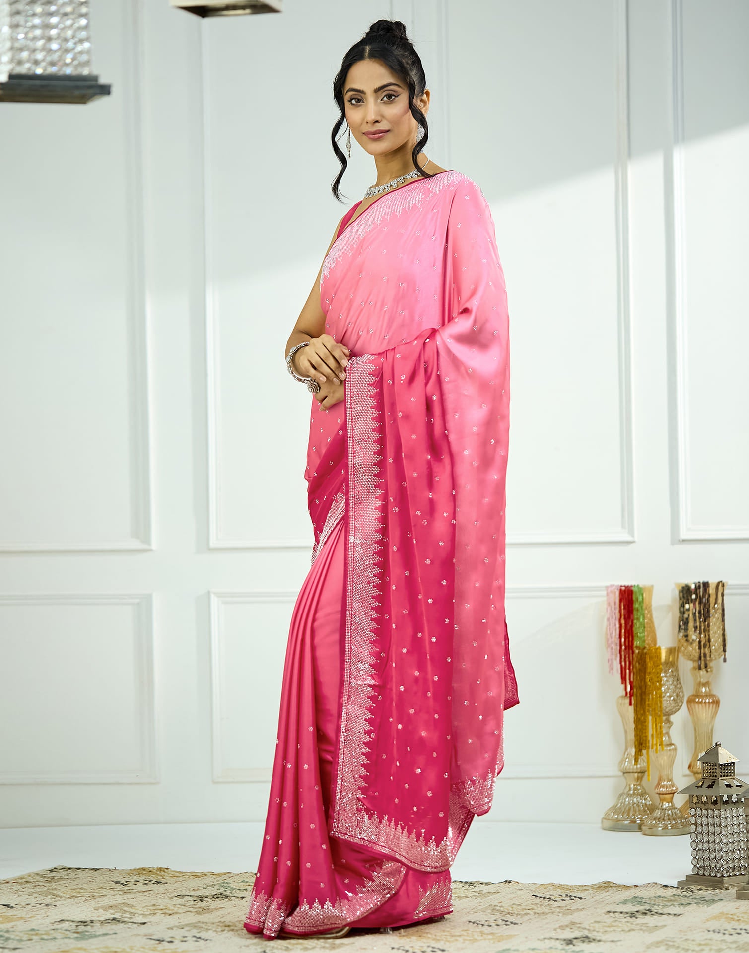 Dark Pink Satin Stone Work Swarovski Saree