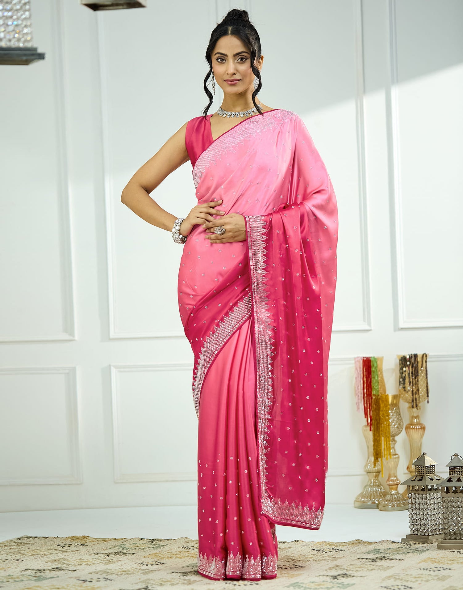 Dark Pink Satin Stone Work Swarovski Saree