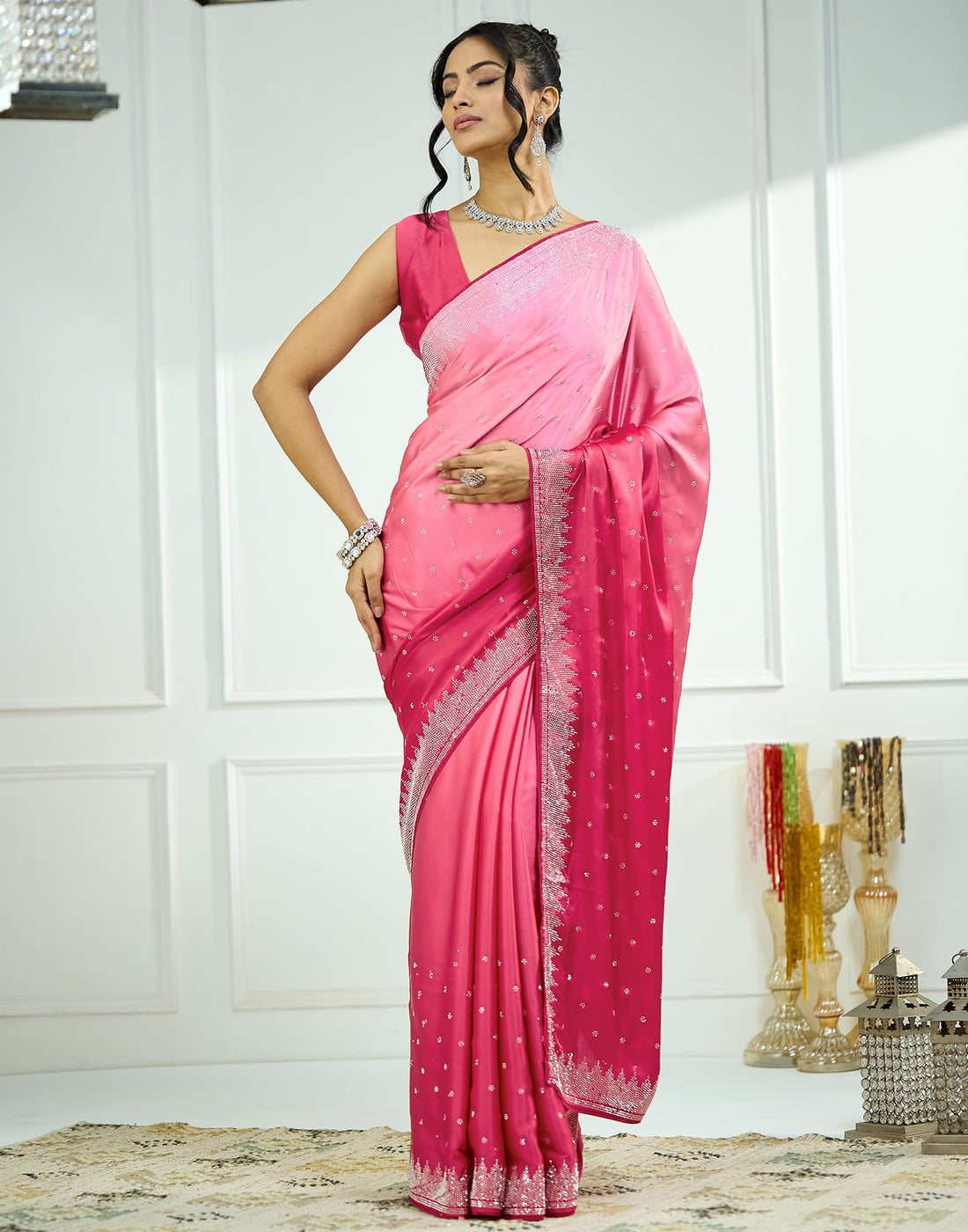 Dark Pink Satin Stone Work Swarovski Saree