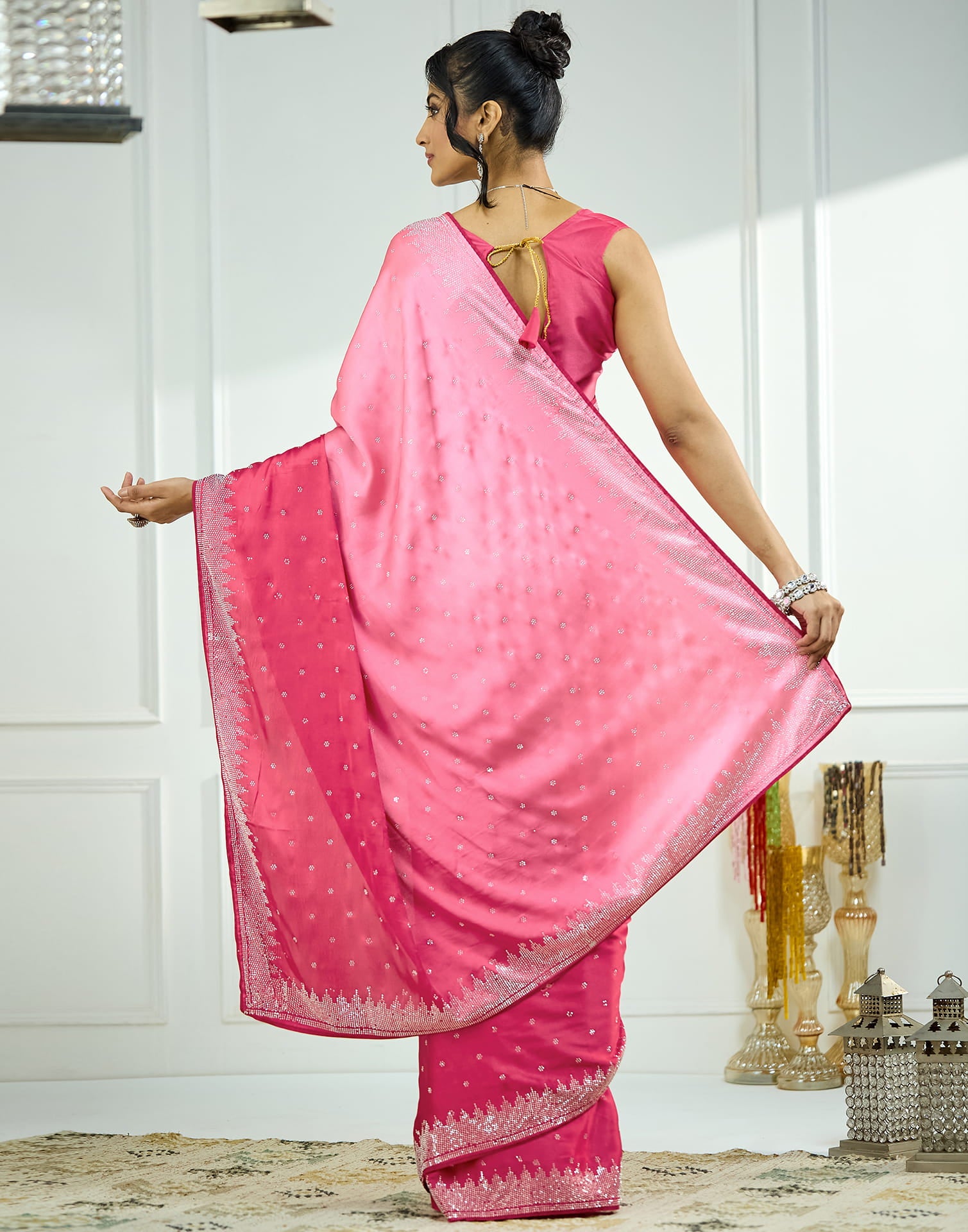 Dark Pink Satin Stone Work Swarovski Saree