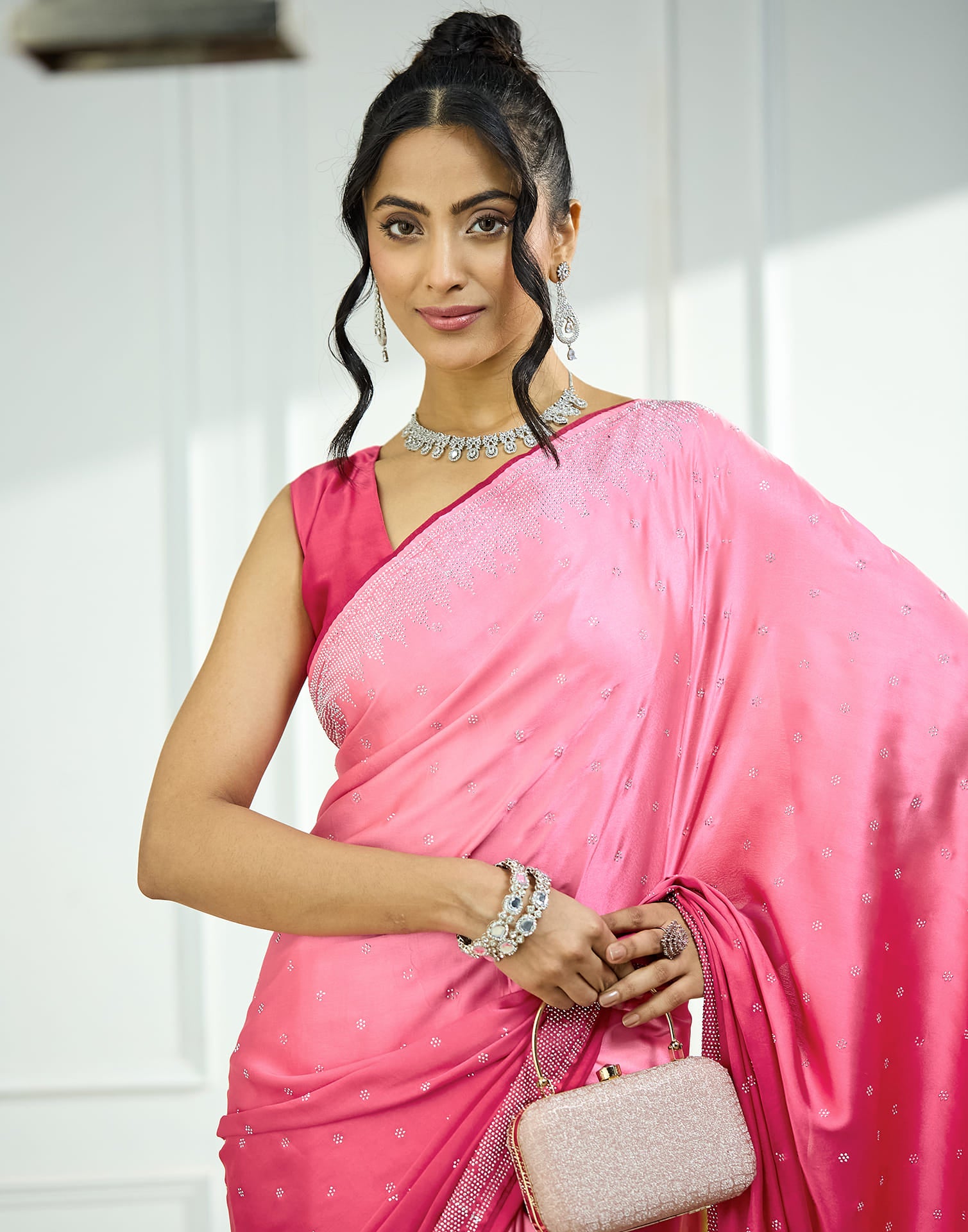 Dark Pink Satin Stone Work Swarovski Saree