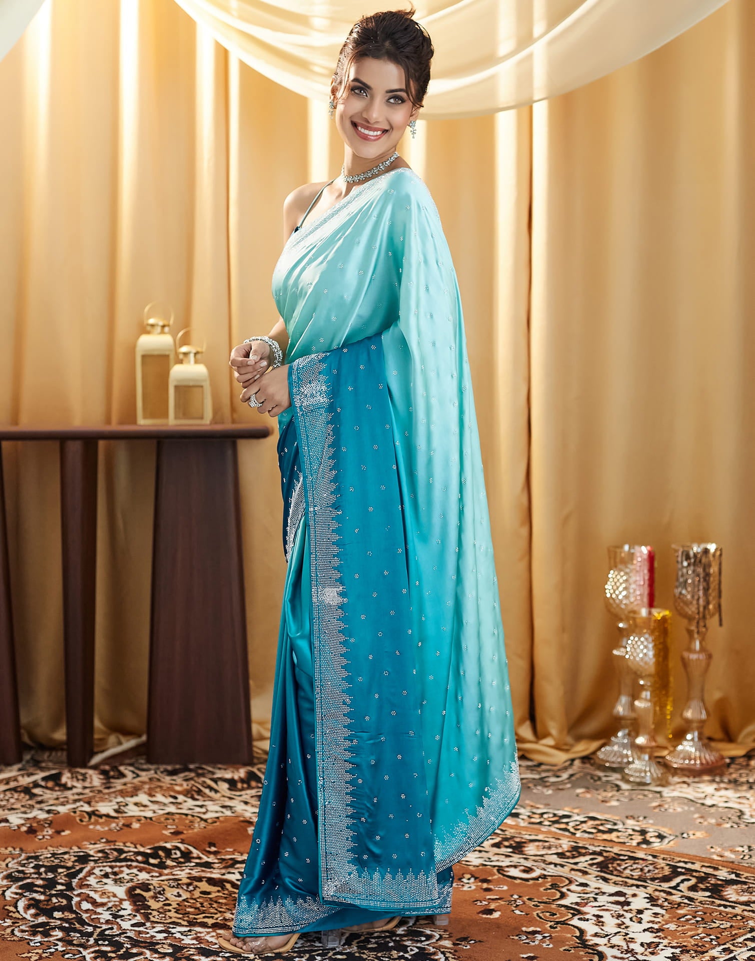 Dark Teal Blue Satin Stone Work Swarovski Saree