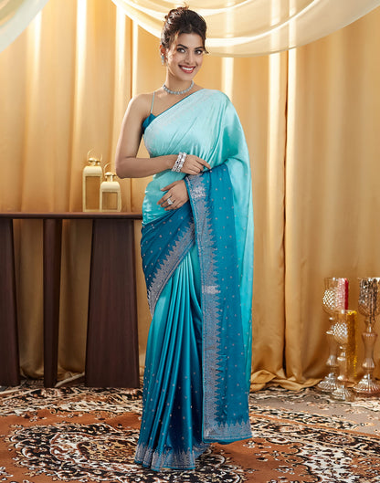 Dark Teal Blue Satin Stone Work Swarovski Saree