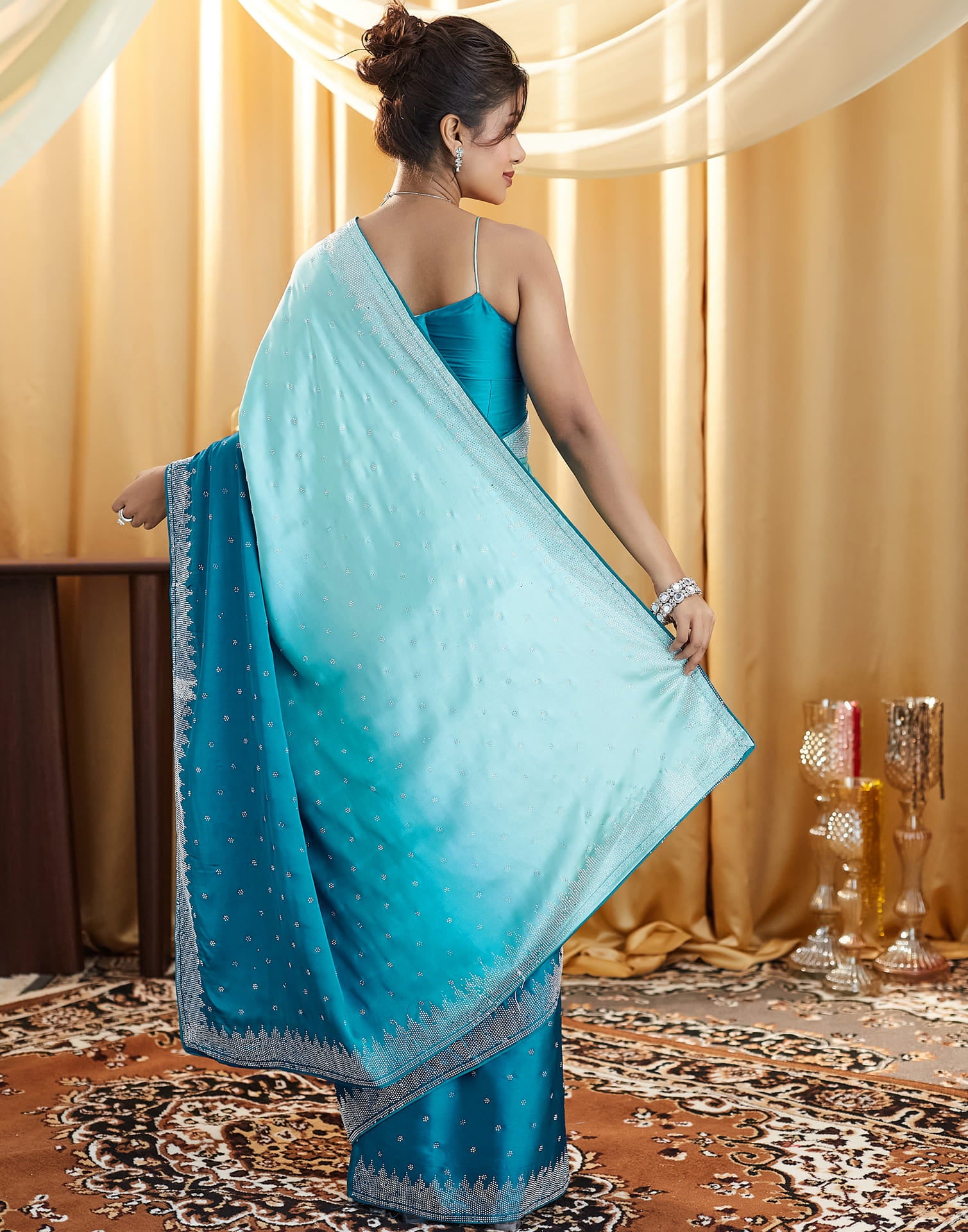 Dark Teal Blue Satin Stone Work Swarovski Saree