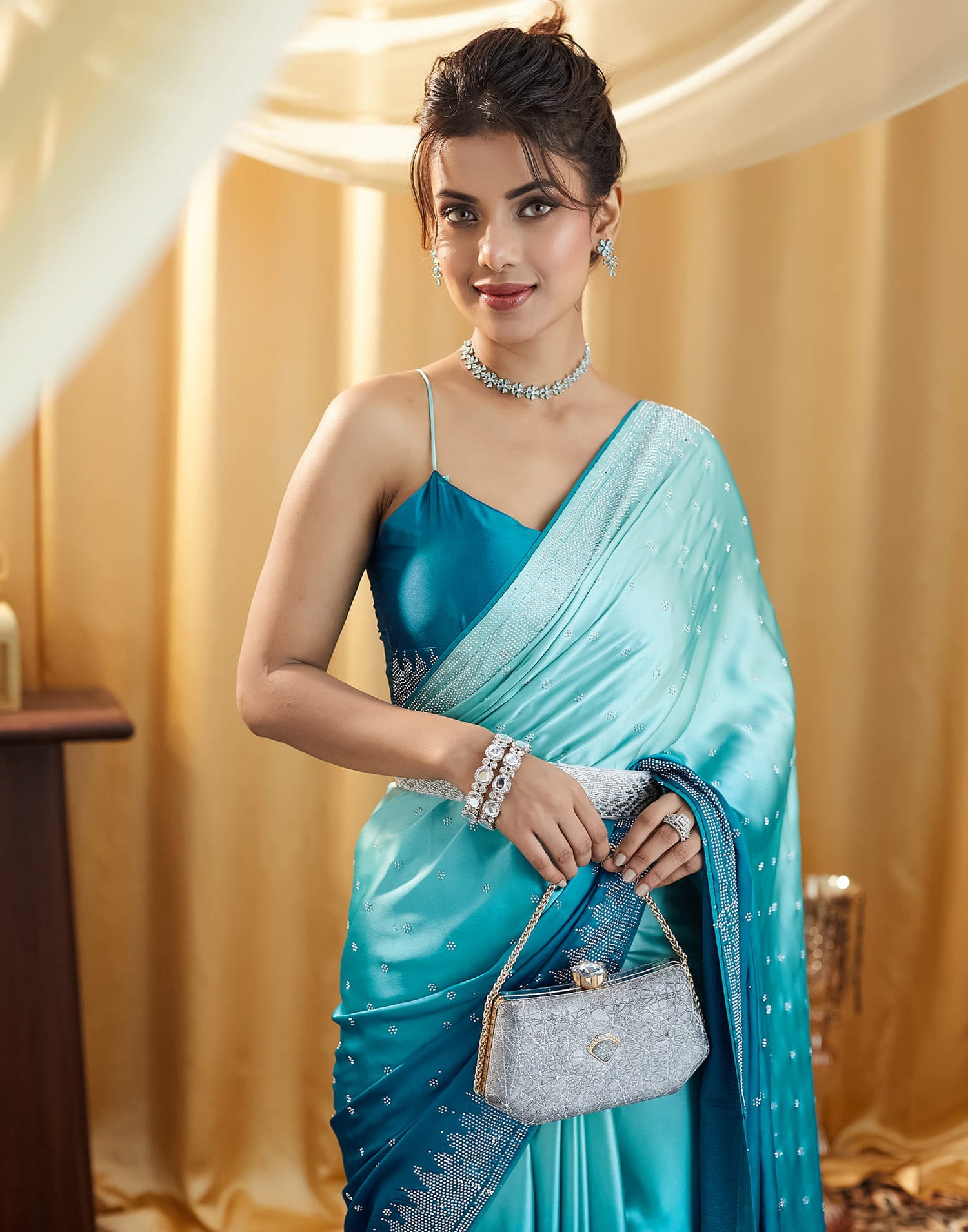 Blue Satin Swarovski Embellished Saree