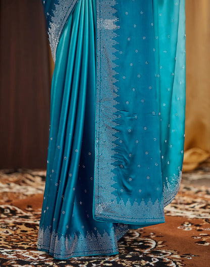 Dark Teal Blue Satin Stone Work Swarovski Saree