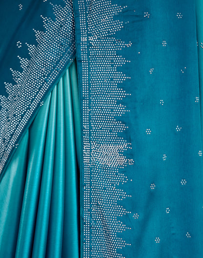 Dark Teal Blue Satin Stone Work Swarovski Saree