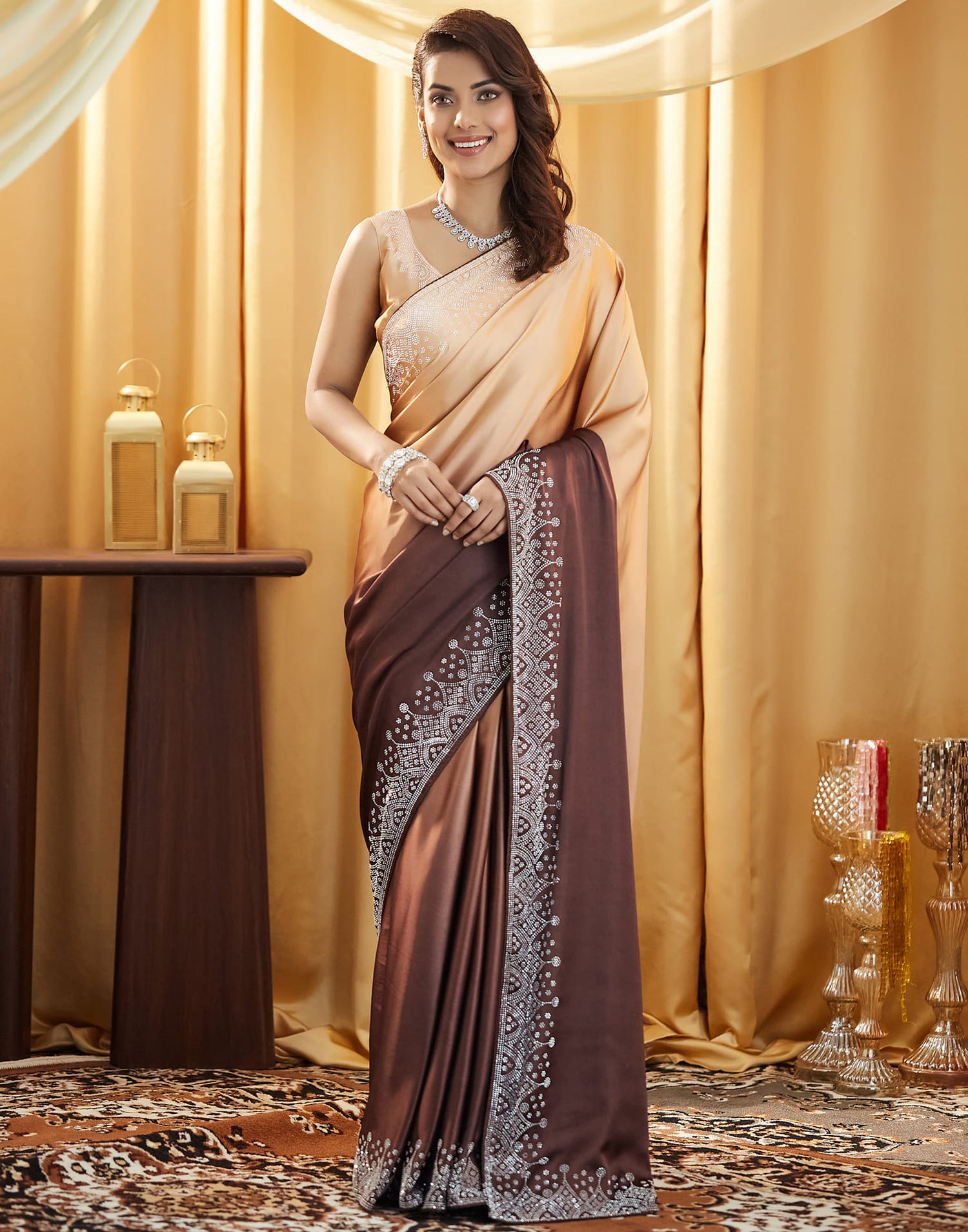 Dark Brown Satin Stone Work Swarovski Saree