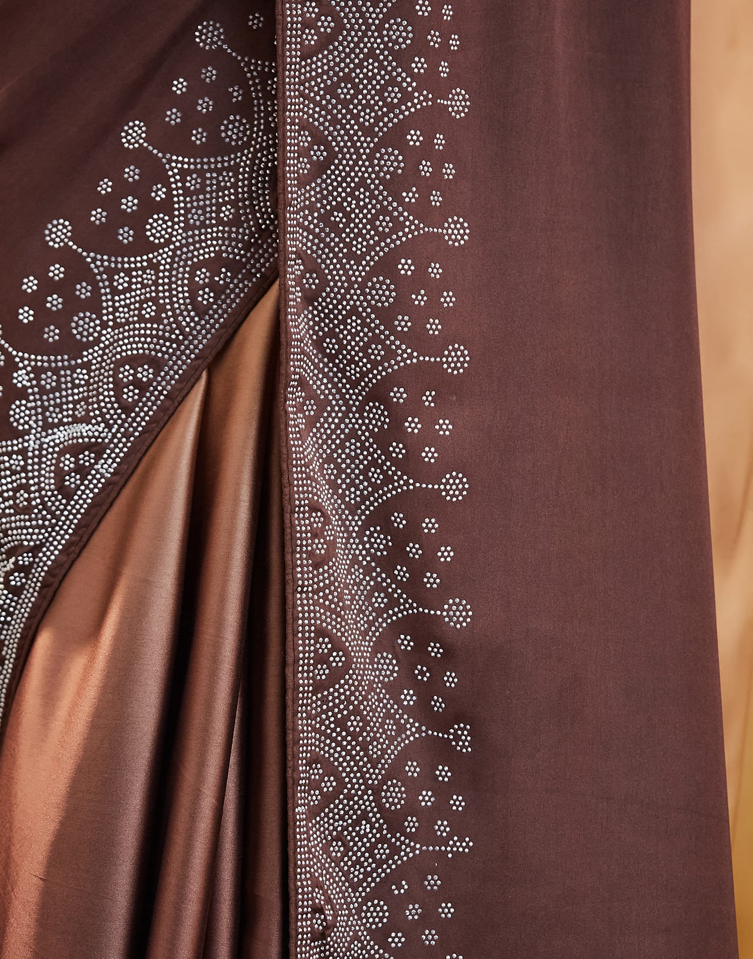 Dark Brown Satin Stone Work Swarovski Saree