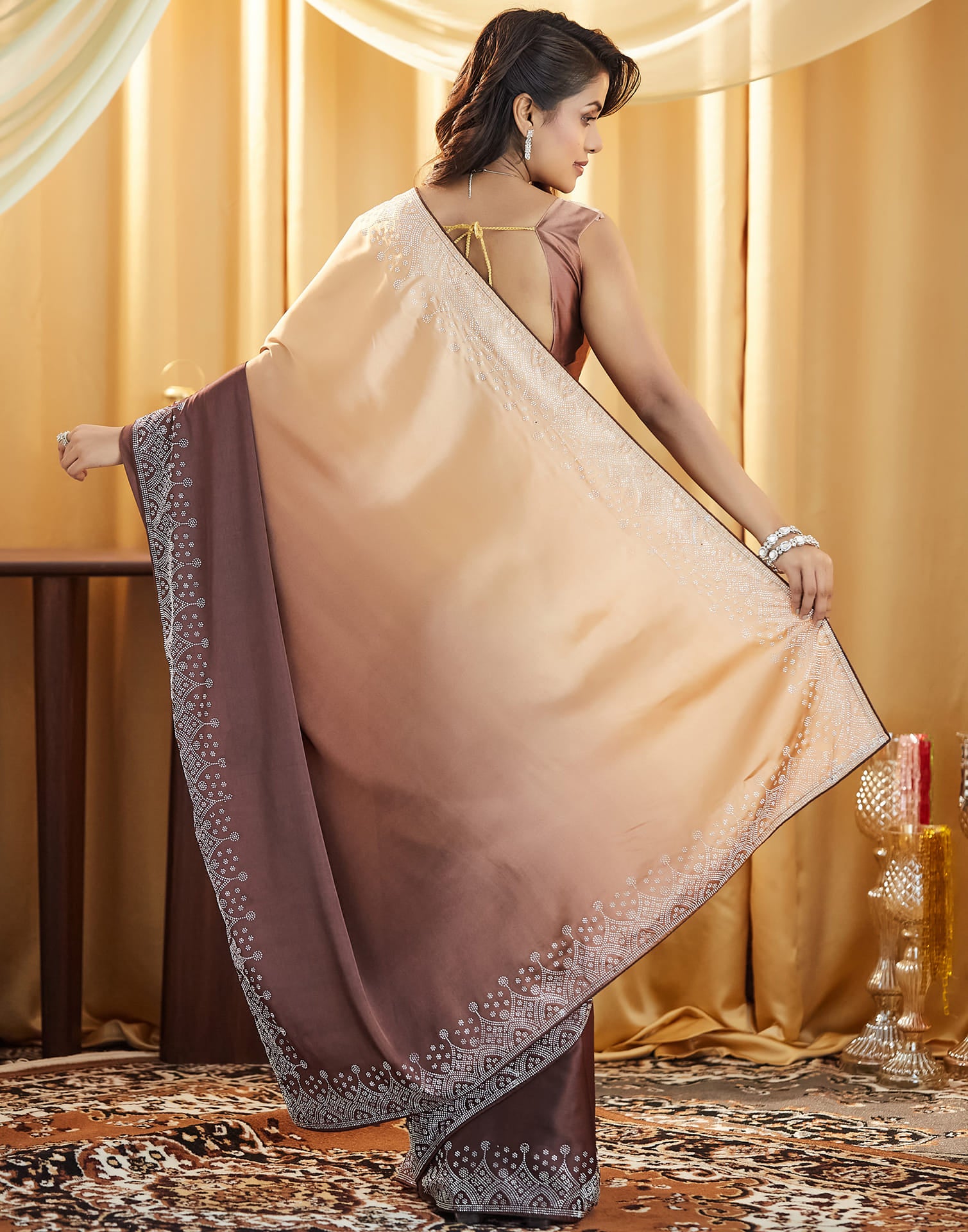 Brown Satin Swarovski Embellished Saree