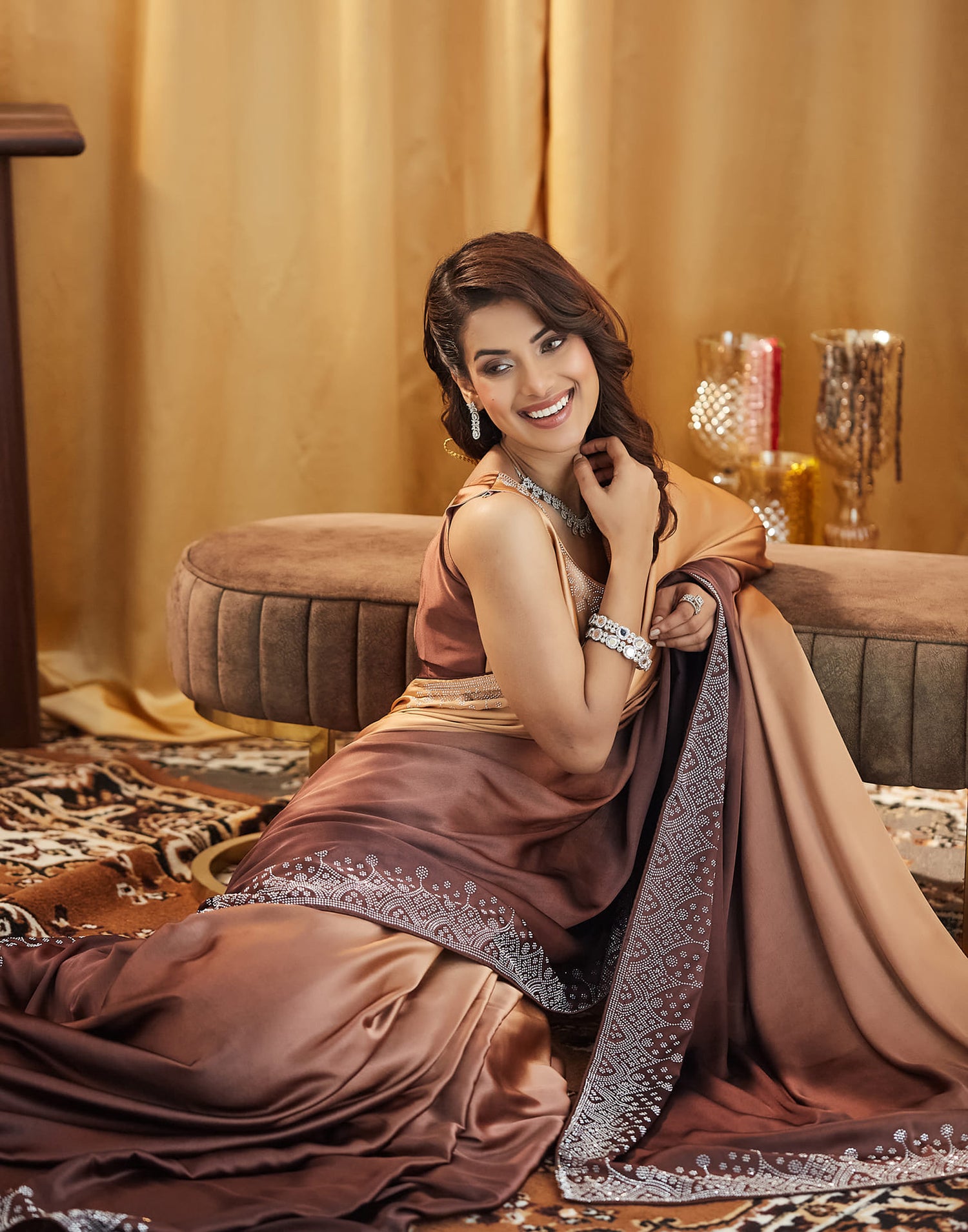 Dark Brown Satin Stone Work Swarovski Saree