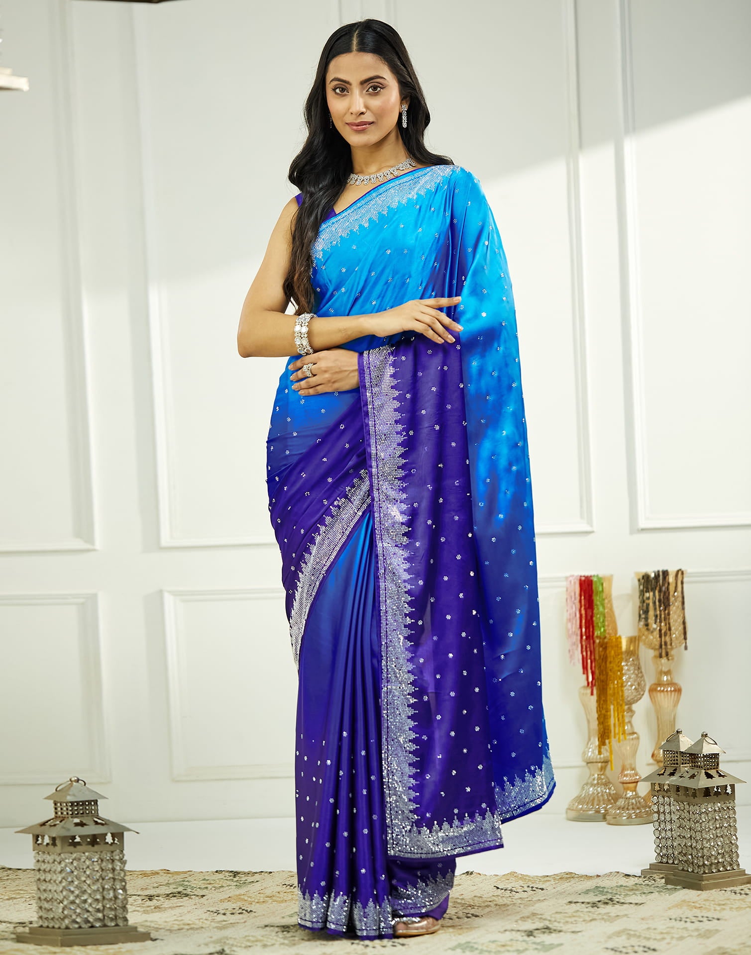 Blue Satin Stone Work Swarovski Saree