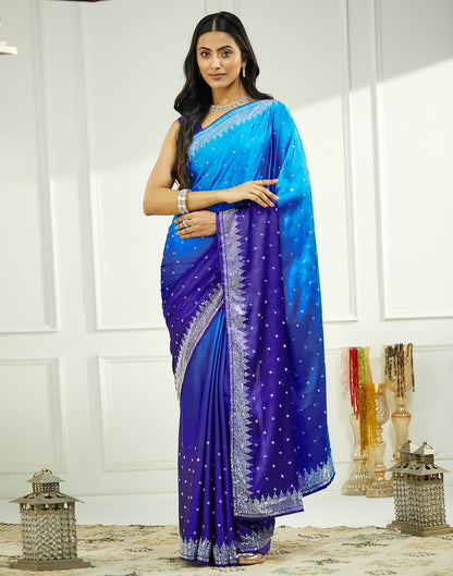 Blue Satin Stone Work Swarovski Saree