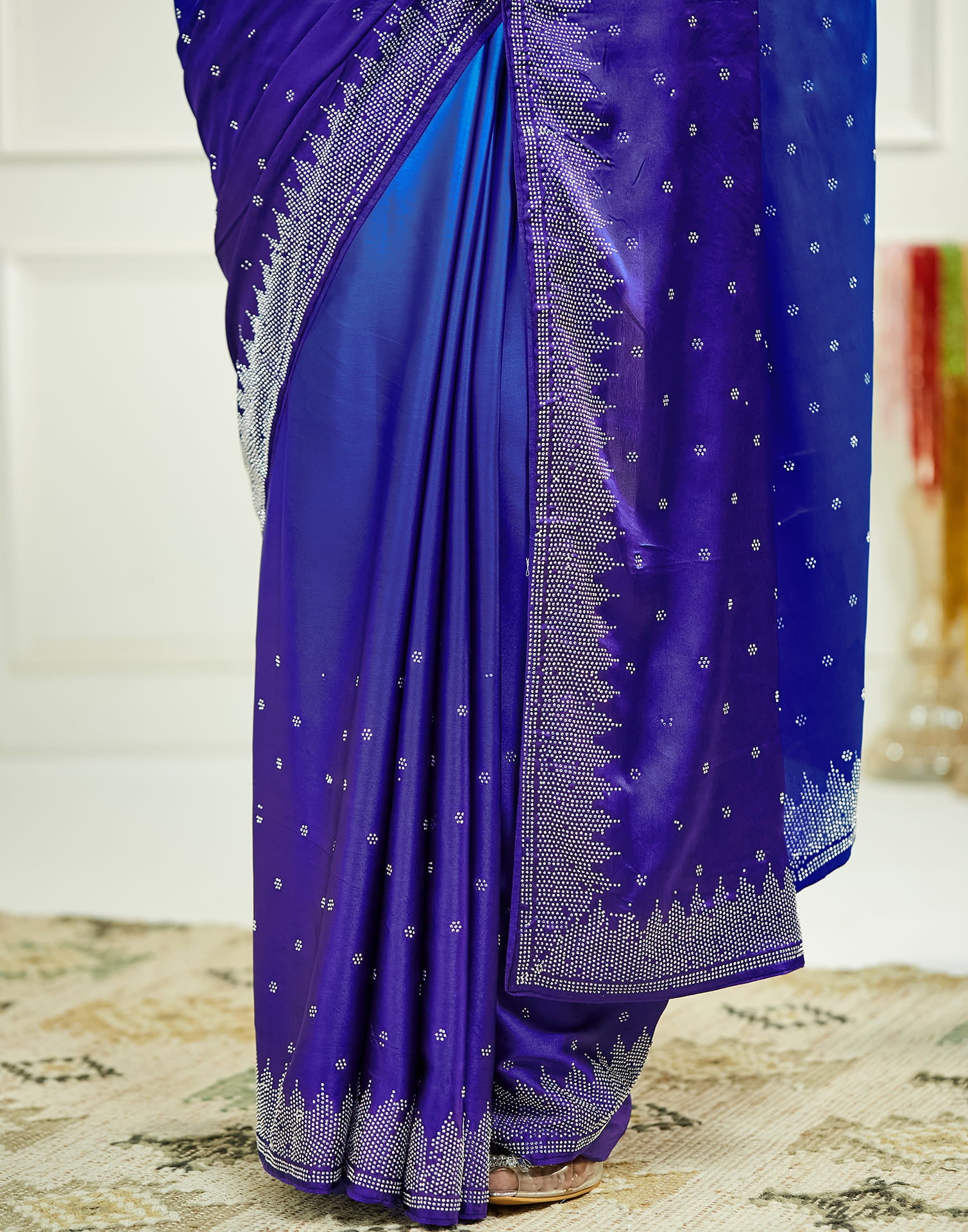 Blue Satin Stone Work Swarovski Saree