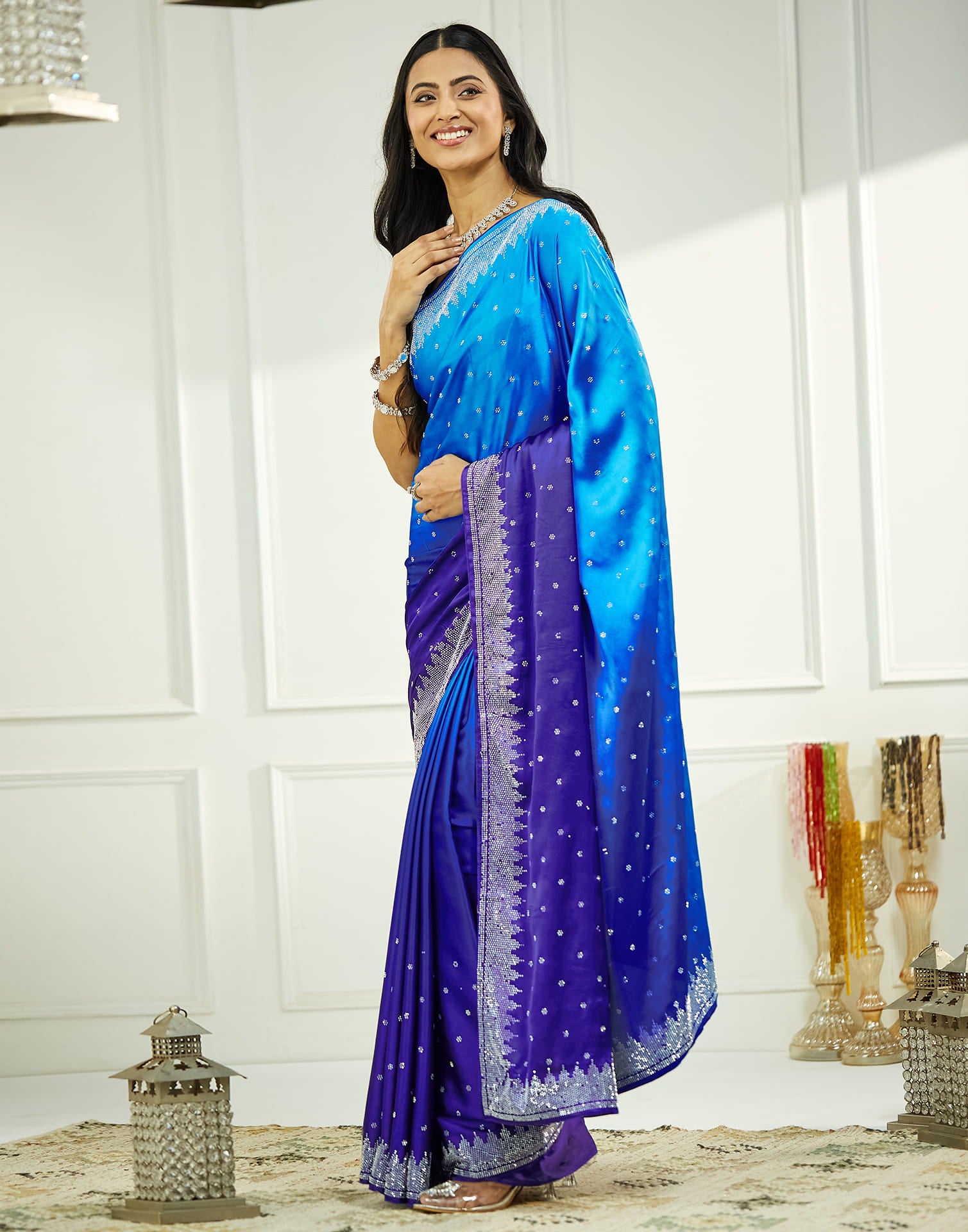 Blue Satin Stone Work Swarovski Saree