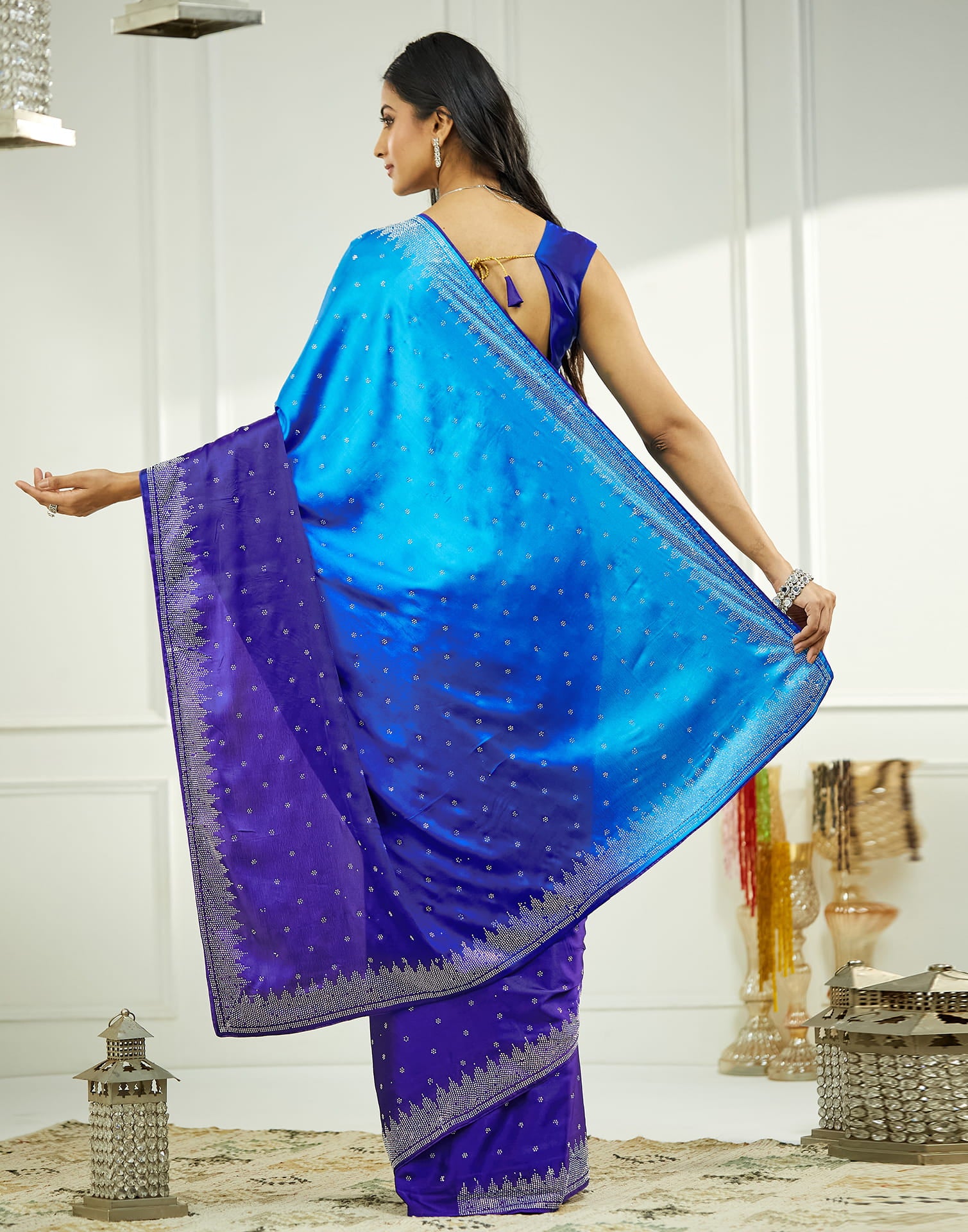 Blue Satin Stone Work Swarovski Saree