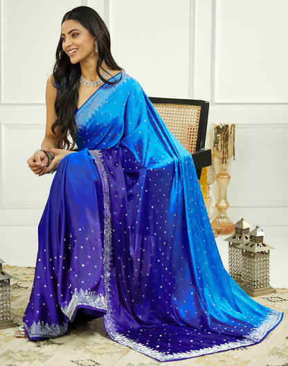 Blue Satin Stone Work Swarovski Saree