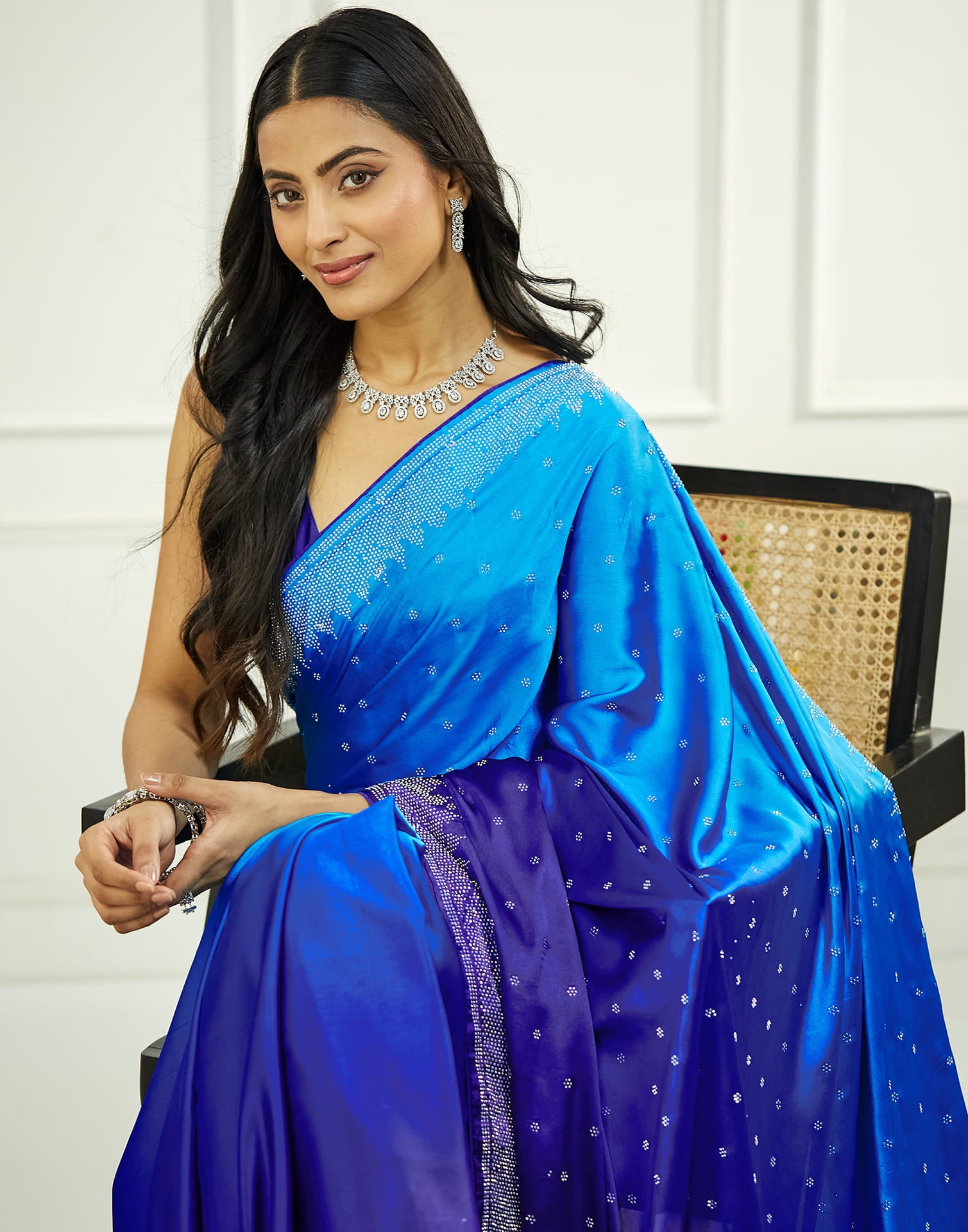 Blue Satin Stone Work Swarovski Saree