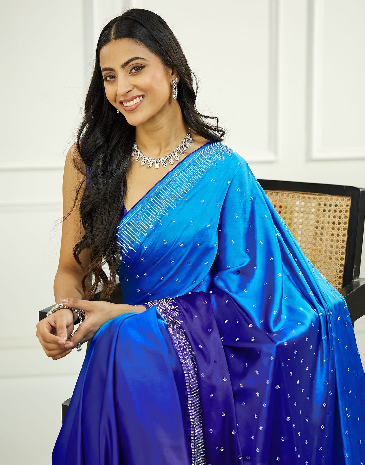 Blue Satin Stone Work Swarovski Saree