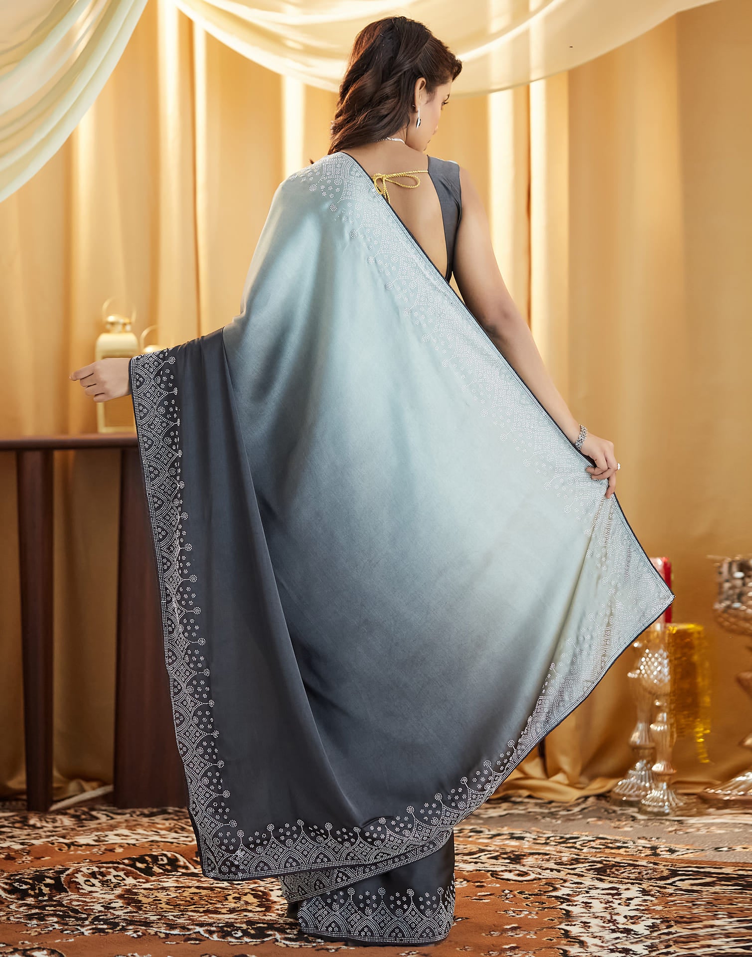 Grey Satin Stone Work Swarovski Saree