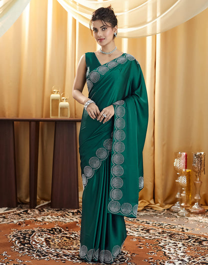 Rama Green Satin Stone Work Swarovski Saree