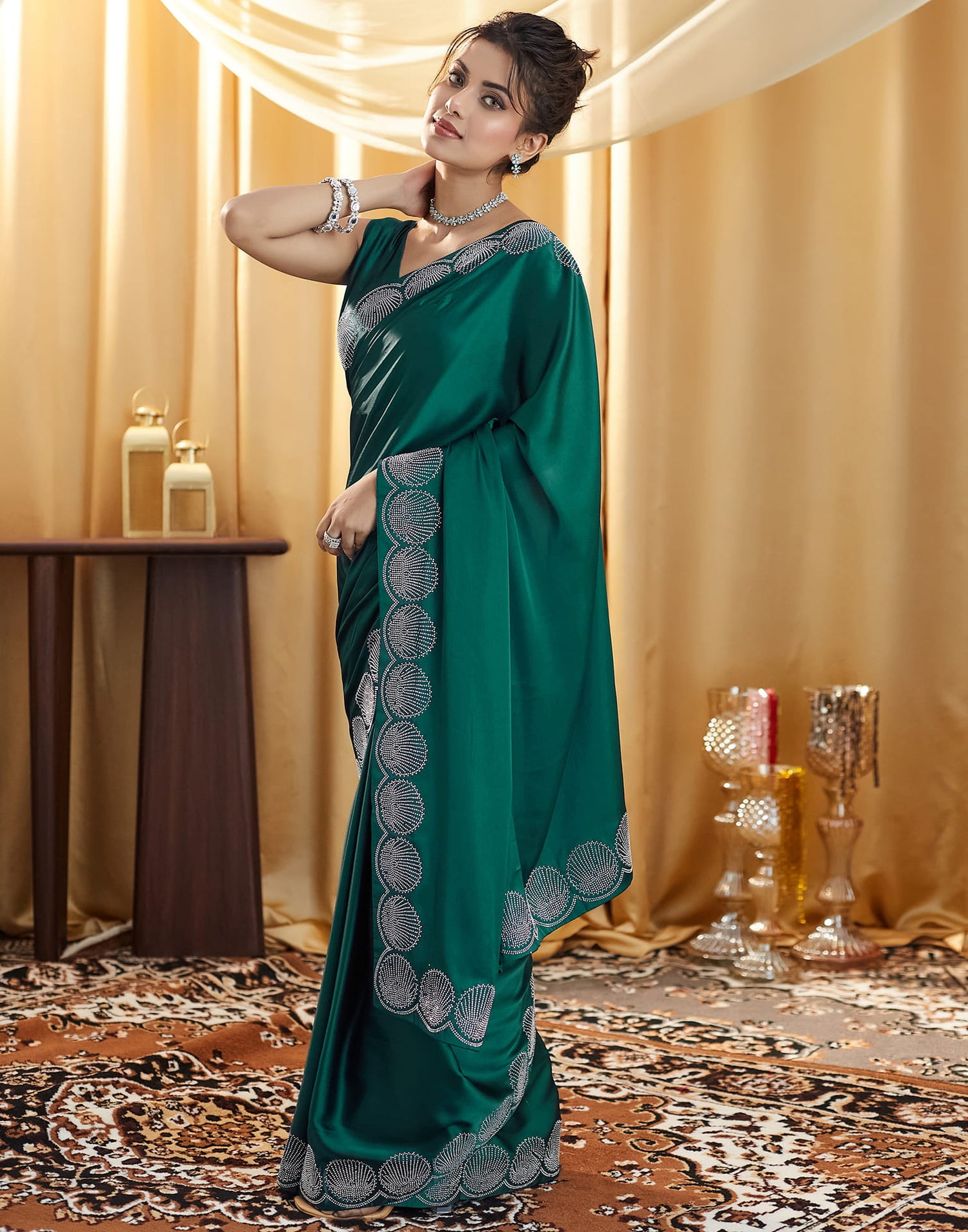 Rama Green Satin Stone Work Swarovski Saree