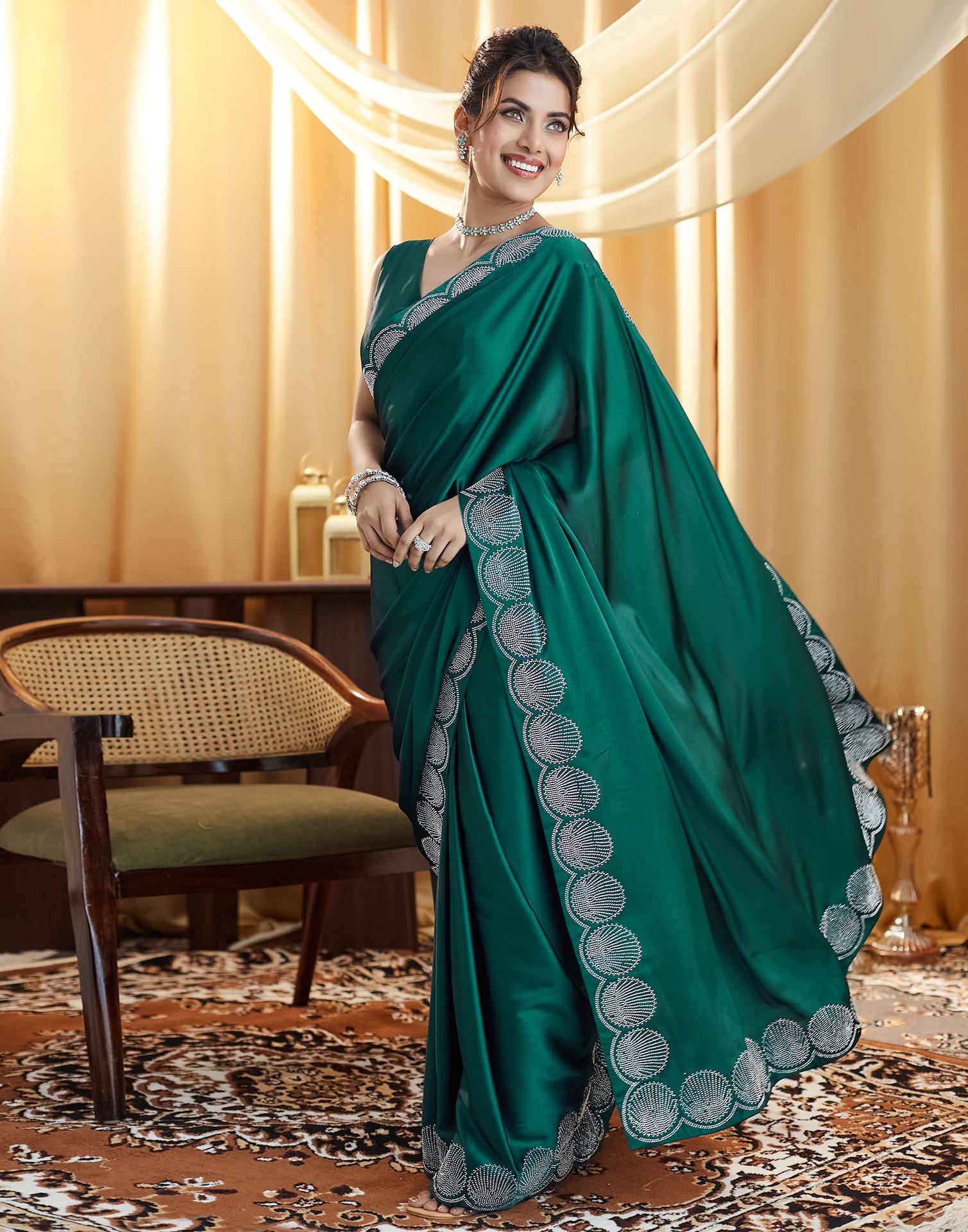 Green Satin Swarovski Embellished Saree