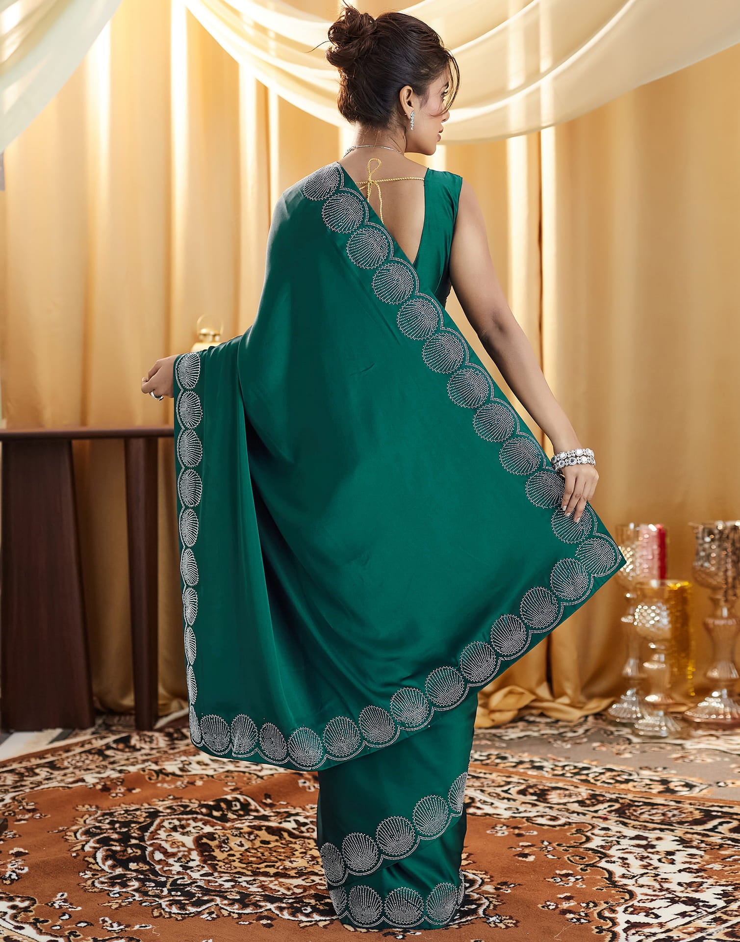 Green Satin Swarovski Embellished Saree