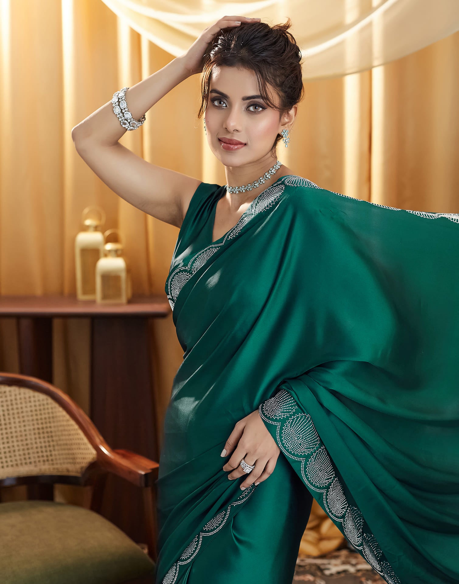 Rama Green Satin Stone Work Swarovski Saree