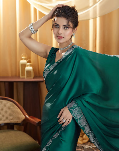 Rama Green Satin Stone Work Swarovski Saree