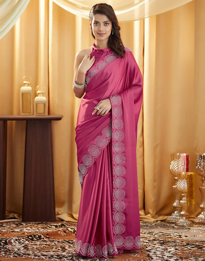 Dark Pink Satin Stone Work Swarovski Saree