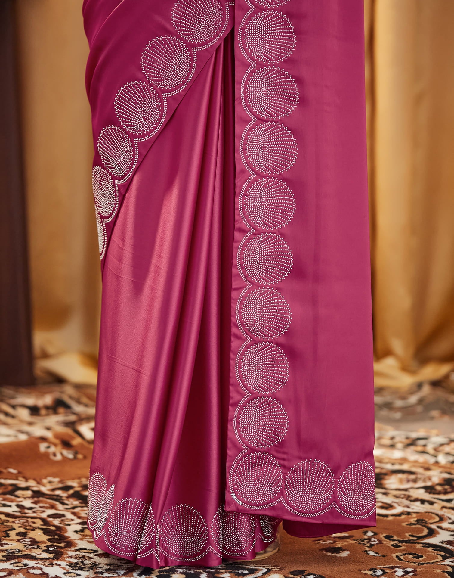 Dark Pink Satin Stone Work Swarovski Saree