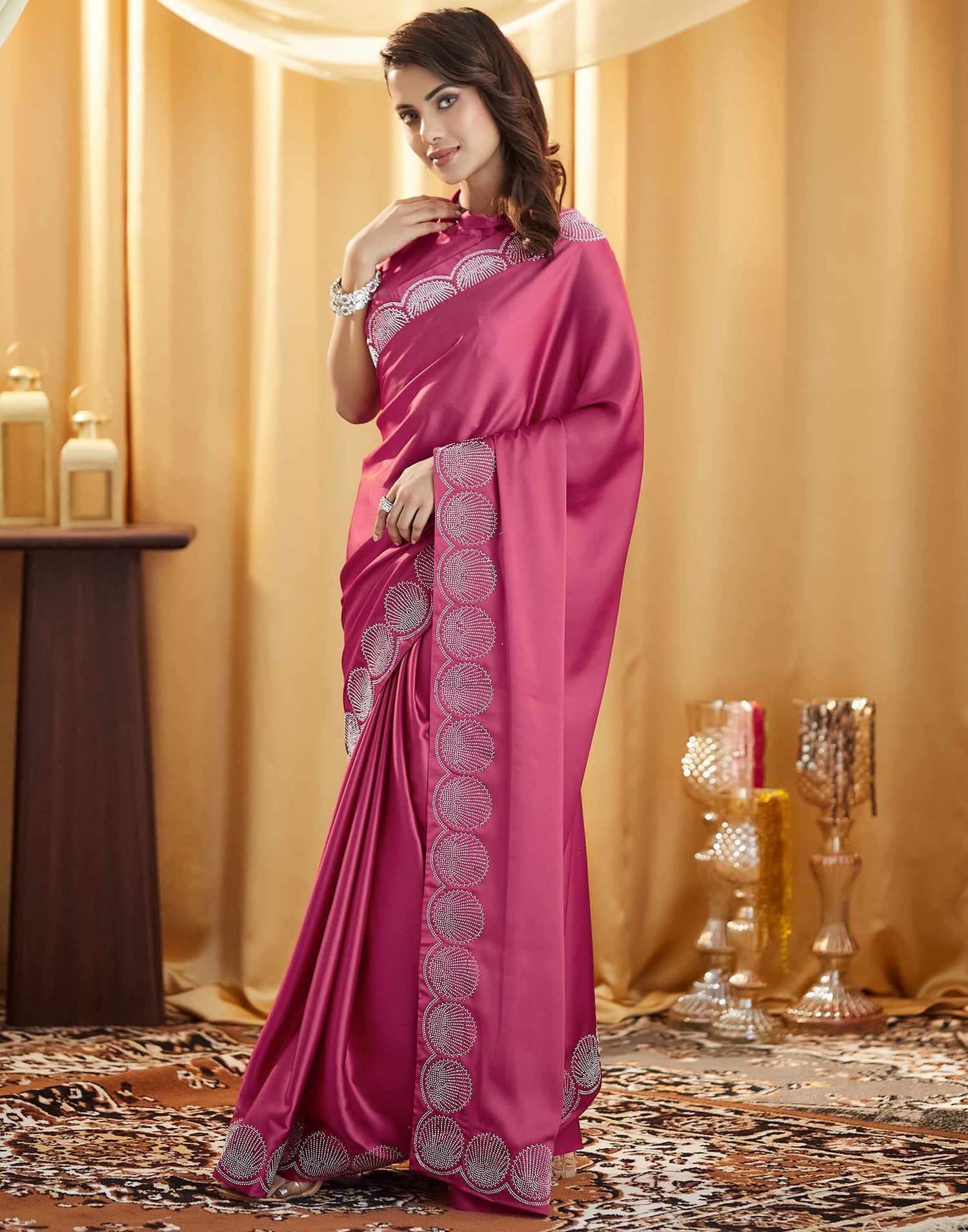 Dark Pink Satin Stone Work Swarovski Saree