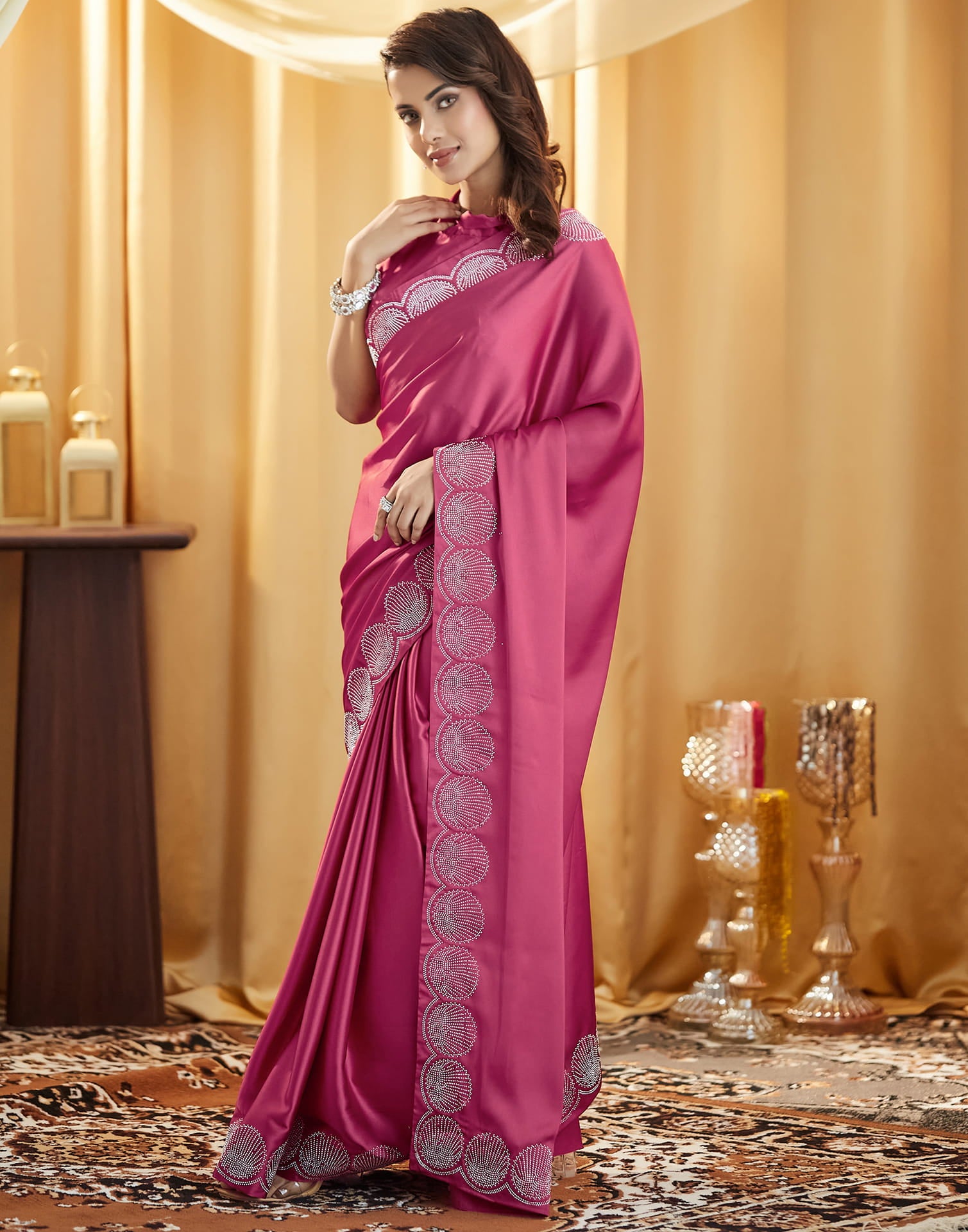 Dark Pink Satin Stone Work Swarovski Saree